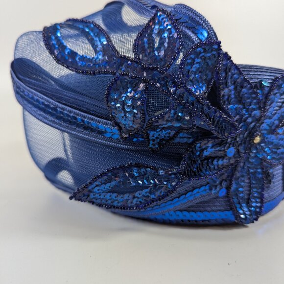 Vintage Mr Hi’s Bright Blue Sequin Flower Pillbox Hat Fancy Ladies Church Derby - Picture 6 of 11